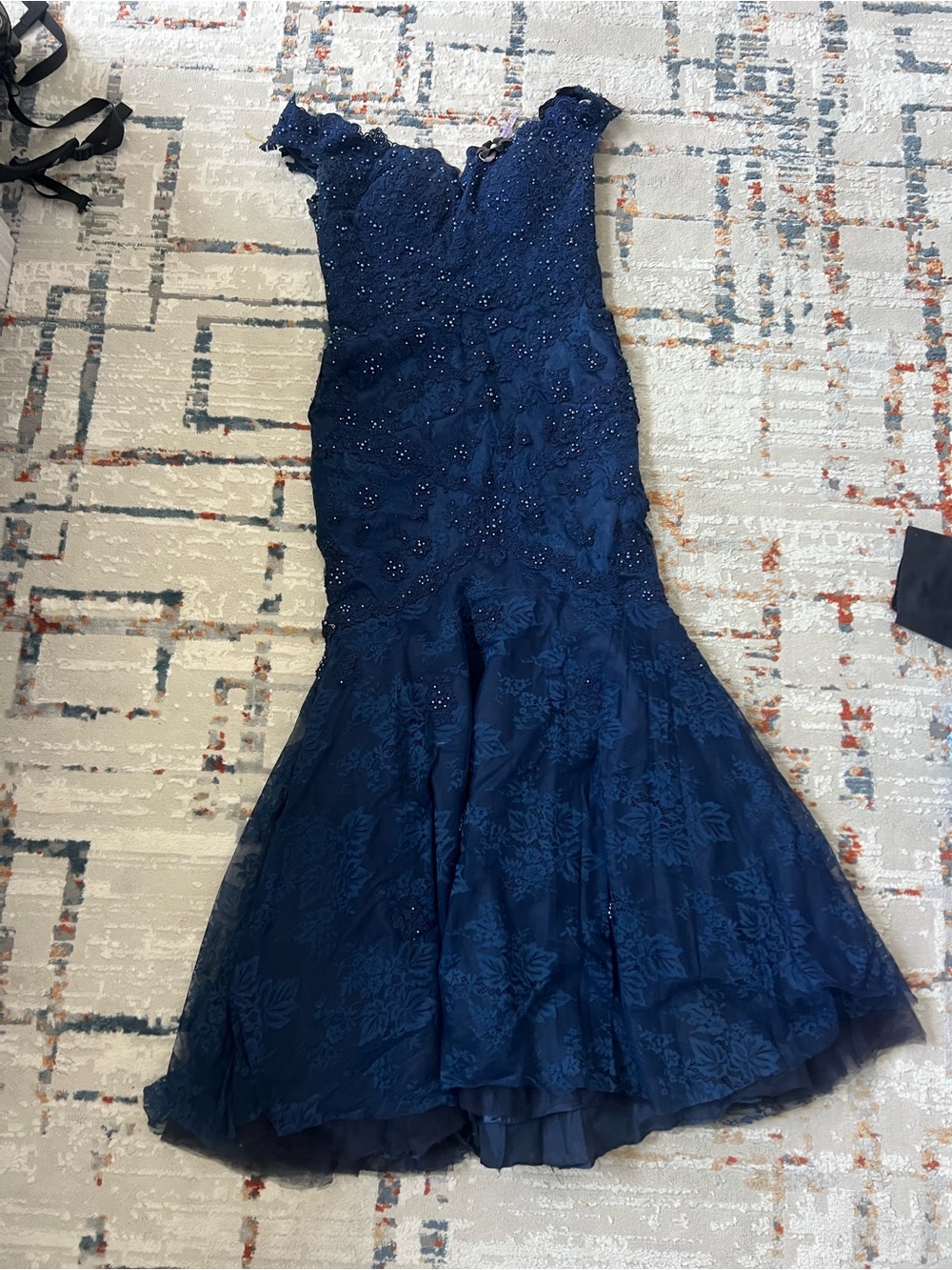 Navy Beaded Lace Mermaid Evening Dress